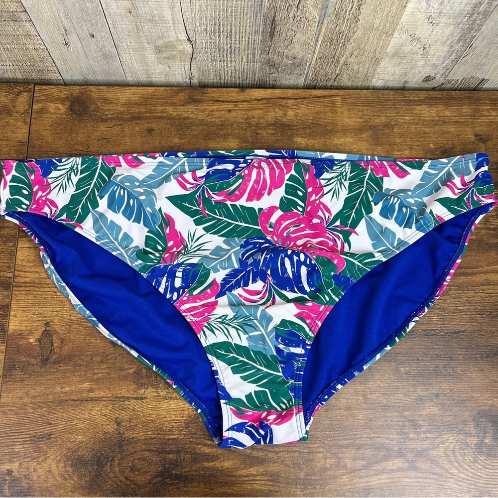 Decree Size 3X High Cut Bikini Bottom Leaf Print White Pink Green Blue